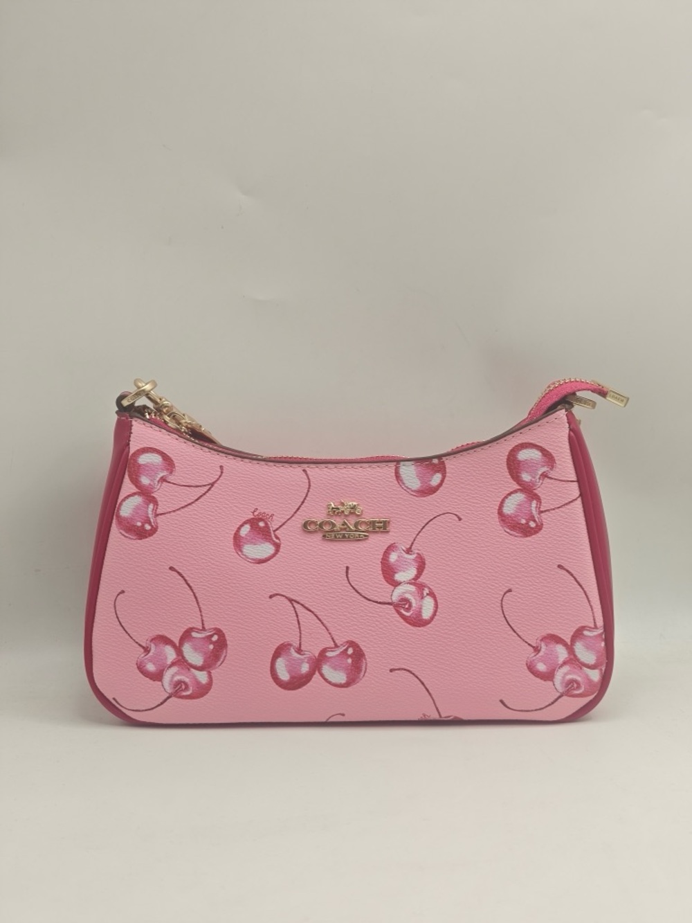 Coach Pink Cherry Print Mini Clutch with Gold Hardware